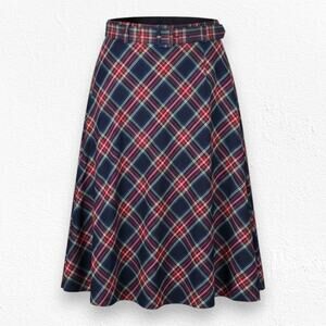 Navy Red Tartan A-Line Midi Skirt Belt Christmas Plaid Schoolcore Size Medium
